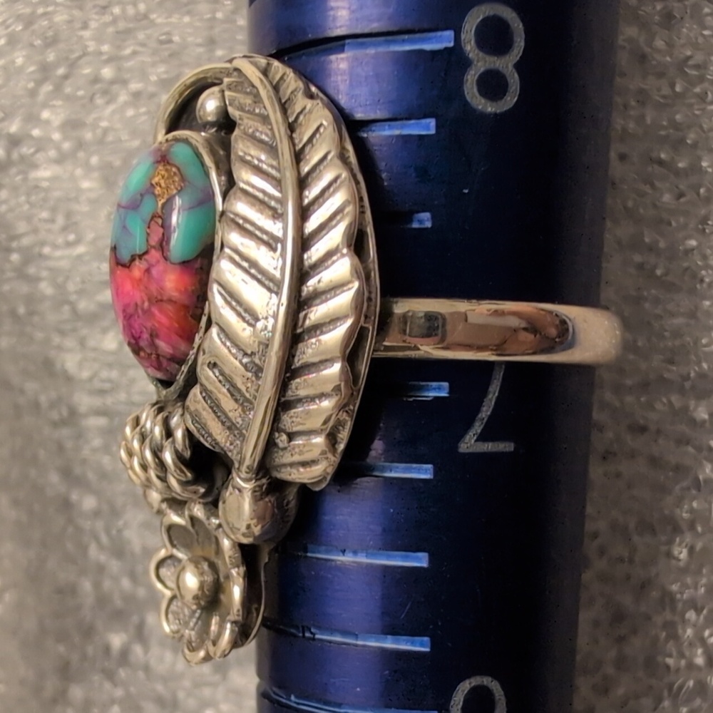 Sterling Silver Floral Feather Turquoise and Pink Stone Ring - Picture 4 of 8